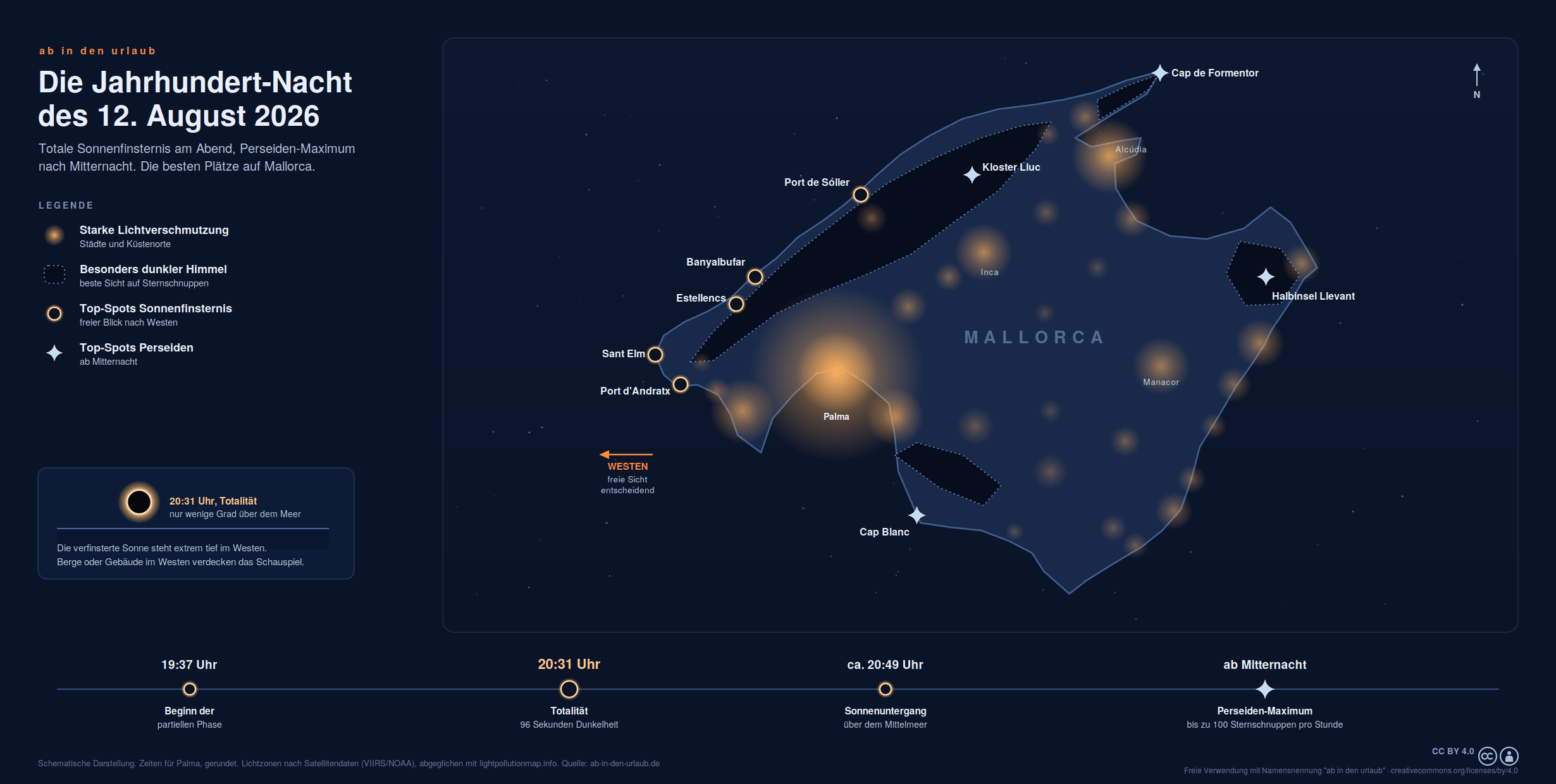 Karte von Mallorca, die die Lichtverschmutzung und gute Orte zur Beobachtung der Sonnenfinsternis 2026 zeigt.