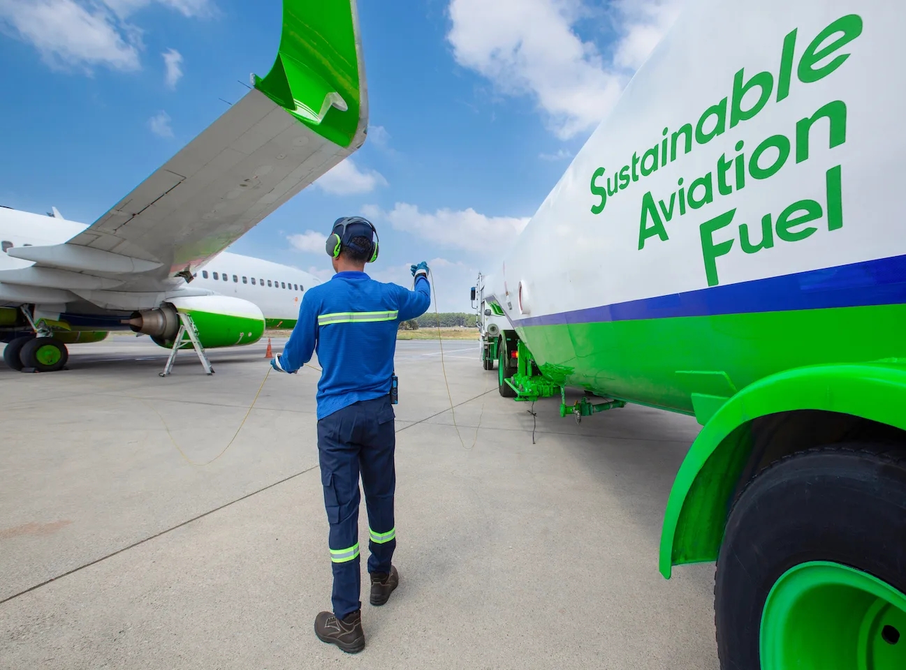 Ein Flughafenmitarbeiter bereitet den Tankvorgang eines Flugzeugs auf dem Rollfeld mit Sustainable Aviation Fuel (SAF) vor.