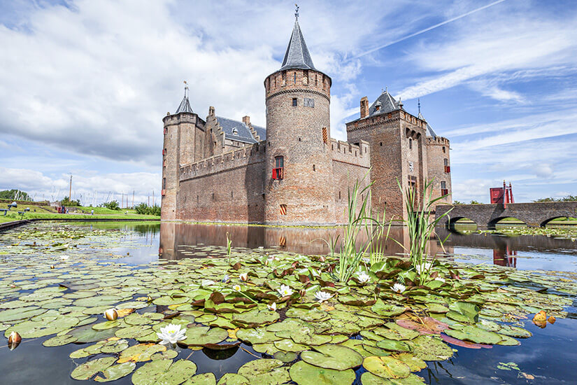 Ein Schloss mit vier Türmen umgeben von einem Wassergraben auf dem Seerosen zu sehen sind. Holland Muiderslot