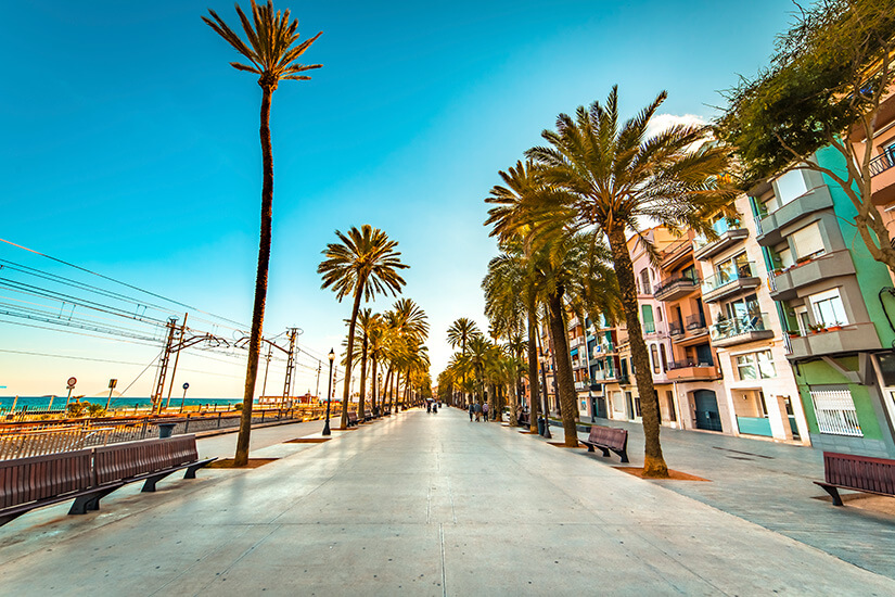 Strandpromenade von Palmen gesäumt unter blauem Himmel. Badalona Promenade