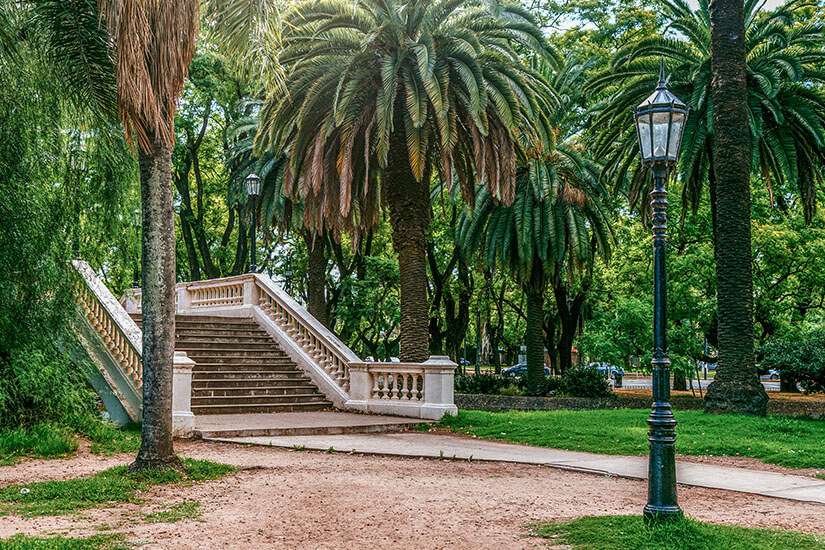 Eine Palme und weitere grüne Bäume sind bei einer Steintreppe in einem Park zu sehen. Rosario Argentinien Park
