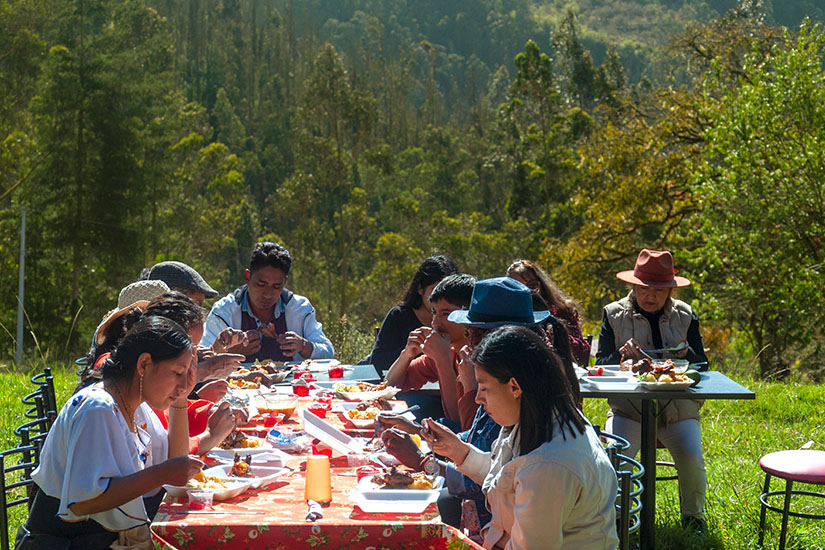 Eine gesellige Tischrunde genießt ein gemeinsames Essen im Freien auf einer grünen Wiese, umgeben von üppig bewaldeten Bergen im sanften Sonnenlicht. Chilenisches Essen Familie