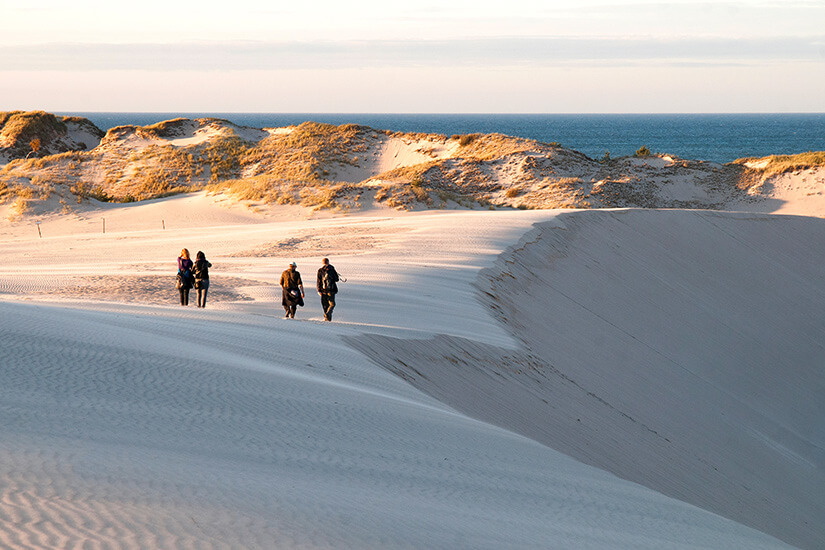 Weite Wanderdünen mit feinen Sandrippen. Mehrere Personen laufen über die Dünen Richtung Meer, im Hintergrund liegt die dunkle Wasserlinie. Polen Ostsee Slowinzischer Nationalpark