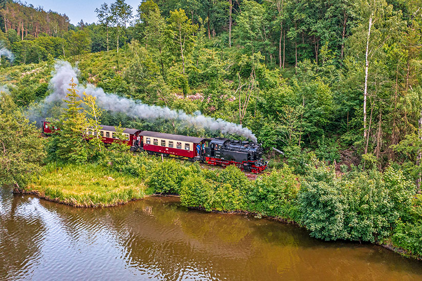 Eine historische Dampflok zieht mehrere Waggons durch eine grüne, bewaldete Landschaft. Weißer Rauch steigt aus dem Schornstein auf, während der Zug entlang eines Flusses fährt. Harz Selketalbahn
