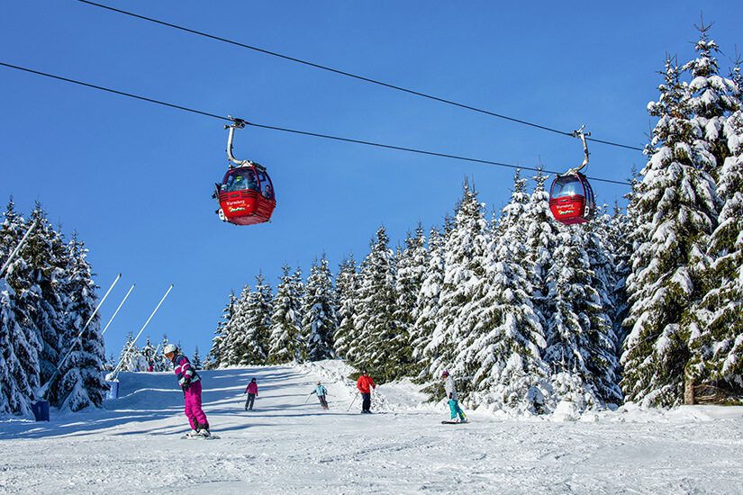 Mehrere Skifahrer fahren eine verschneite Piste hinunter, umgeben von dichtem, schneebedecktem Nadelwald. Über der Piste schweben rote Gondeln einer Seilbahn vor einem klaren, blauen Himmel. Harz Braunlage