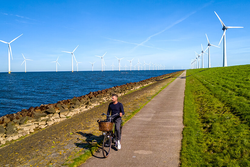 Ein Mann fährt mit einem Fahrrad auf einem Deichweg entlang des Meeres. Im Wasser stehen zahlreiche Windräder, die sich in einer langen Reihe bis zum Horizont erstrecken. Rechts säumen grüne Wiesen und weitere Windkraftanlagen den Weg. Flevoland Radfahren