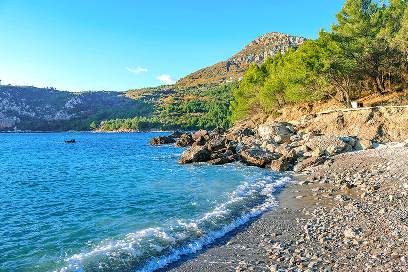 Eine wilde Küstenszene in Montenegro mit rollenden Wellen an der Adria, steiniger Uferlinie und Pinienwald im Hintergrund. Dahinter staffeln sich Hügel und Berge und geben dem Motiv eine raue, natürliche Stimmung. Strände Montenegro Maljevik