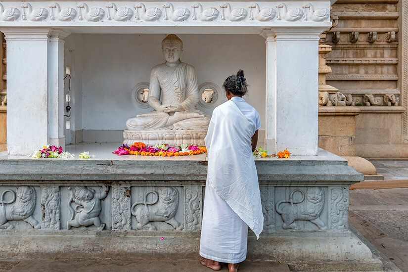 Eine weiß gekleidete Frau von hinten betrachtet, die Blumen vor einer weißen Buddha-Statue in einem kleinen Schrein niederlegt. Anuradhapura Sri Lanka Puja Zeremonie
