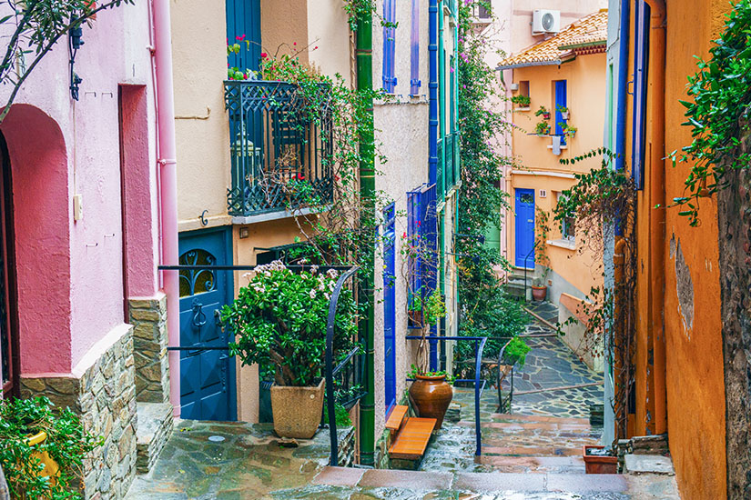 Eine schmale, malerische Gasse in der Altstadt von Collioure mit pastellfarbenen Häusern in Rosa, Gelb und Orange, blauen Holztüren, vielen Pflanztöpfen und einer Steintreppe unter bewölktem Himmel. Collioure Frankreich Gasse