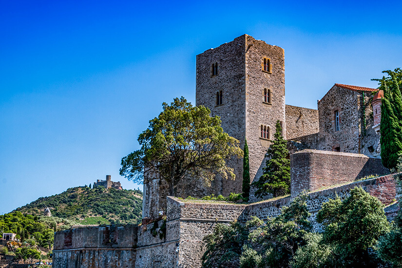 Die massiven, sandsteinfarbenen Festungsmauern des Château Royal de Collioure (Royal Castle of Collioure) direkt am Meer unter strahlend blauem Himmel mit Blick auf die umliegenden Hügel. Collioure Frankreich Château Royal
