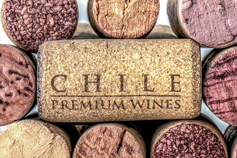 Mehrere Weinkorken liegen dicht nebeneinander, in der Mitte ein Korken mit der Aufschrift „Chile Premium Wines“. Souvenirs Chile Wein