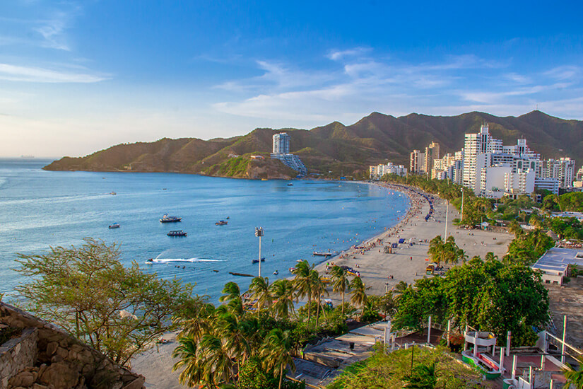 Eine weitwinklige Aufnahme der Bahía de Gaira mit dem Strand El Rodadero bei Santa Marta unter klarem, blauem Himmel. Ein breiter, heller Sandstrand, gesäumt von dichten Palmenreihen und einigen Laubbäumen im Vordergrund, zieht sich bogenförmig am türkisfarbenen Wasser entlang. Santa Marta Kolumbien Playa El Rodadero