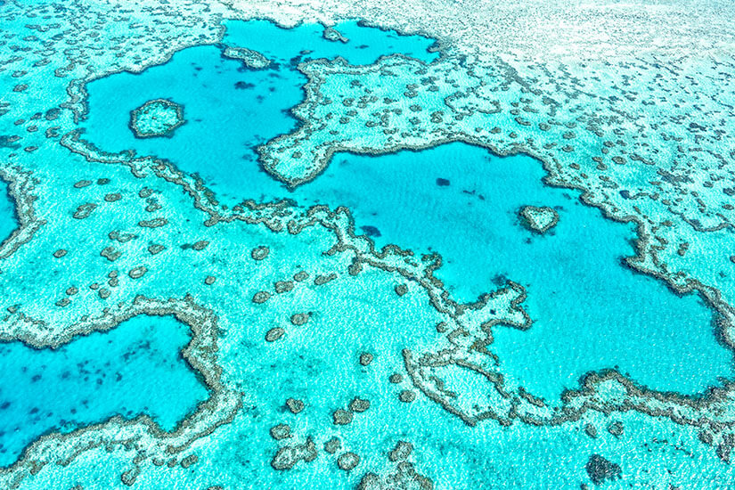 Faszinierende Korallenmuster und türkisfarbenen Lagunen des Great Barrier Reef – dem größten Korallenriff der Welt vor Australiens Ostküste. Als Teil eines marinen Nationalparks gehört das Riff zu den wichtigsten Naturschutzgebieten Australiens. Die vielfältigen Blautöne offenbaren die Unterwasserwelt, die das Riff zum UNESCO-Welterbe macht. Nationalparks Australien Great Barrier Reef Marine Park