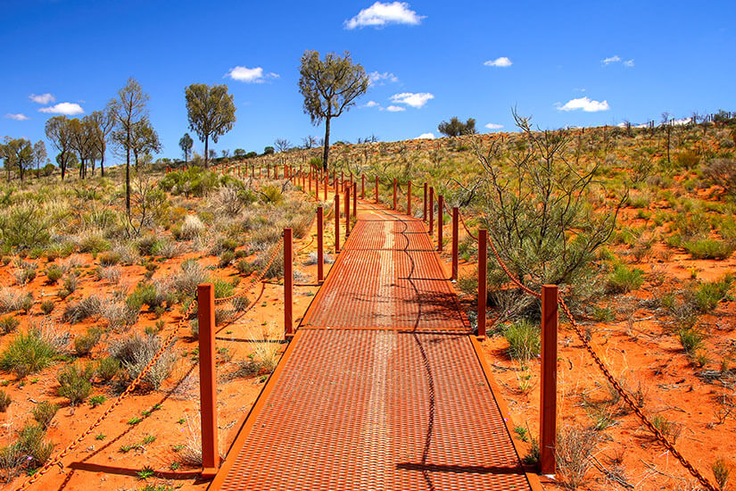 Ein Boardwalk führt durch leuchtend roten Wüstensand und karge Buschvegetation – typisch für das australische Rote Zentrum. Diese Landschaft findet man in Nationalparks wie dem Uluru-Kata Tjuta Nationalpark, dem wohl bekanntesten australischen Nationalpark. Die Weite und die intensive Farbe des Bodens machen deutlich, warum Australiens Naturschutzgebiete weltweit einzigartig sind. Nationalparks Australien Uluru Kata Tjuta National Park