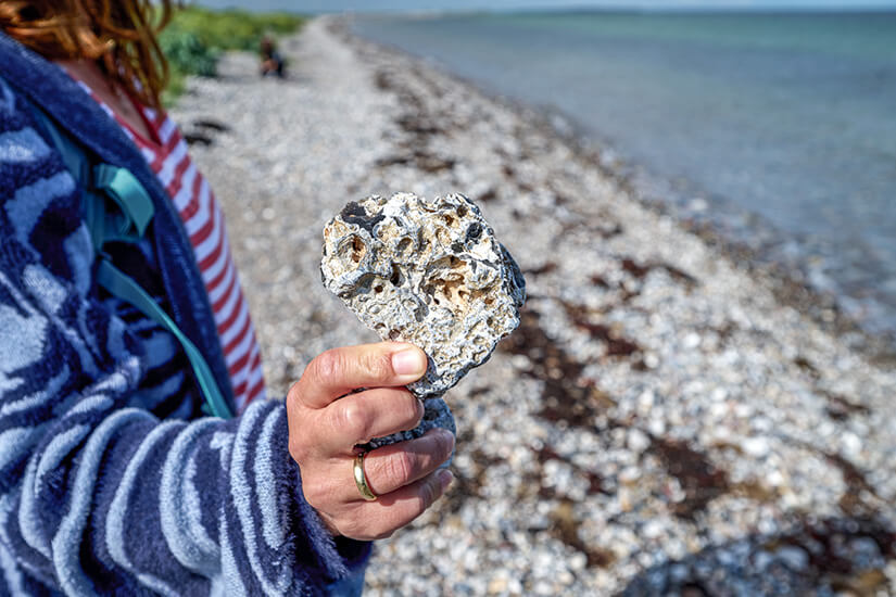 Nahaufnahme einer Hand mit Ehering, die einen löchrigen Feuerstein am Strand hält. Im Hintergrund ist eine Frau in einem blau-grau gestreiften Bademantel und einem gestreiften T-Shirt zu sehen, die auf einem Steinstrand steht. Das türkisfarbene Meer und die Landzunge von Issehoved sind im Hintergrund zu erkennen. Samsoe Daenemark Souvenirs