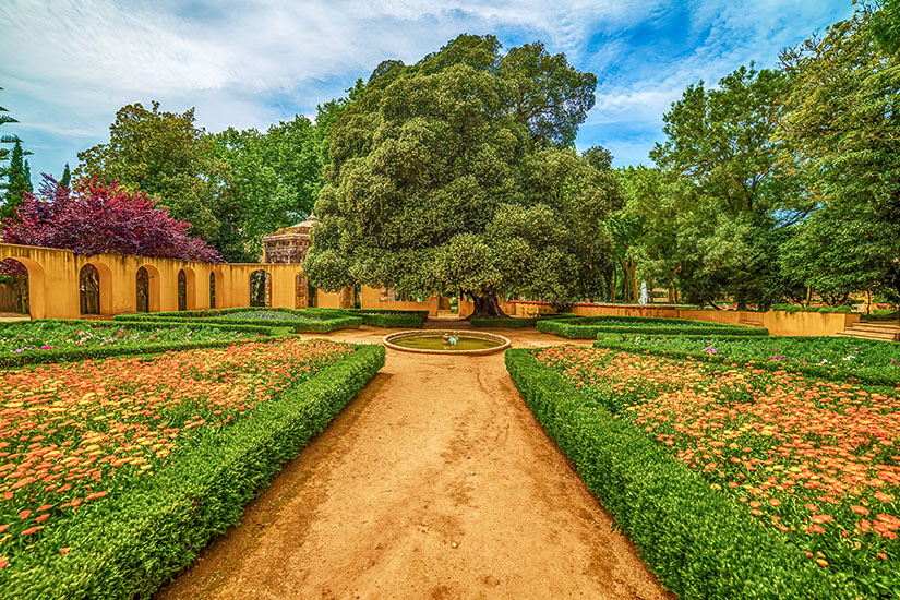Ein gepflegter Garten mit symmetrisch angelegten Beeten und blühenden Pflanzen erstreckt sich entlang eines zentralen Weges. In der Mitte steht ein großer, dichter Baum vor einem kleinen Brunnen oder Wasserbecken. Umrahmt wird die Anlage von Mauern mit Bögen und üppigem Grün. Mafra Fruehling