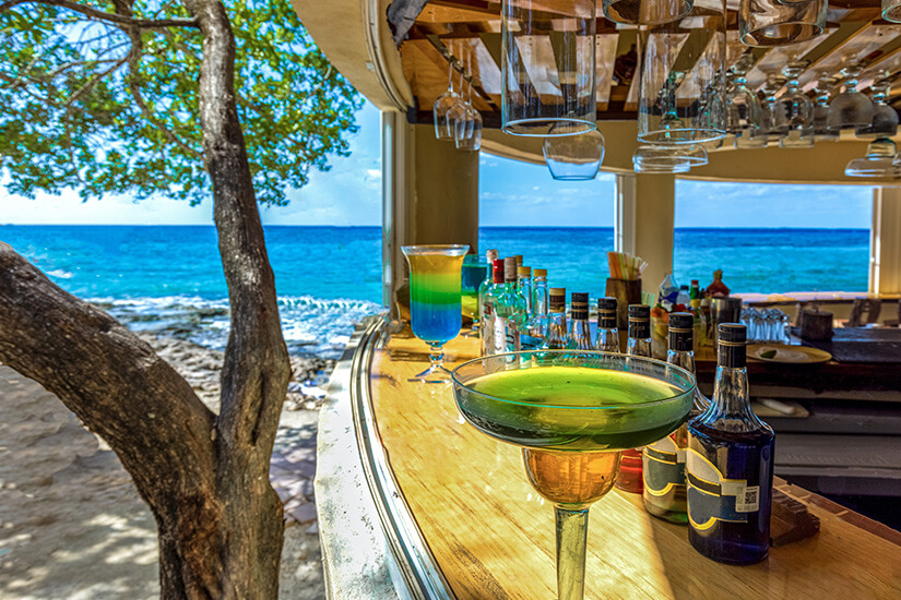 Ein grüner Cocktail in einem großen Glas steht auf einem hölzernen Tresen einer Strandbar, im Hintergrund ist das azurblaue Meer unter strahlendem Himmel hinter einem Baumstamm zu sehen. Cozumel Mexiko Cocktails