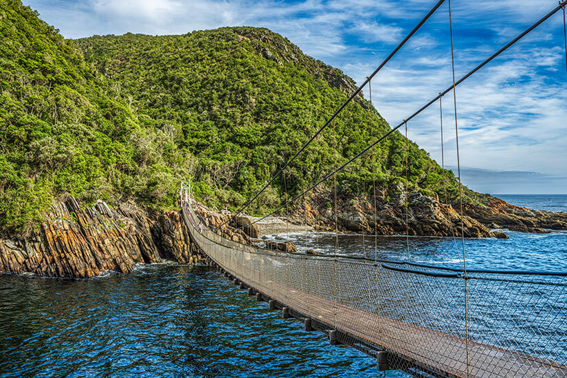 Eine Hängebrücke ist über einen breiten blauen Fluss gespannt. Am anderen Ende wartet dschungelartige Bewaldung. Suedafrika Nationalparks Gaden Route
