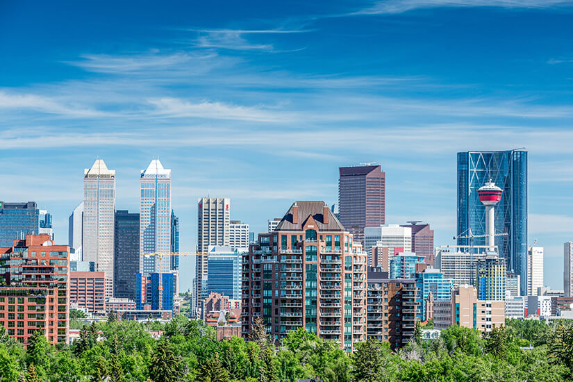 Eine Skyline mit vielen Wolkenkratzern. Im Vordergrund sind grüne Bäume zu sehen. Kanada Calgary