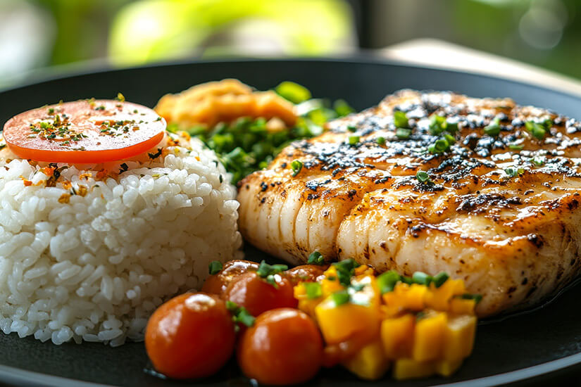 Auf einem dunklen Teller liegt ein perfekt gegrilltes Fischsteak mit angekohlten Grillstreifen neben einer Portion weißem Reis mit Tomatenscheibe, Kirschtomaten und gewürfelter Mangosalsa. Thuna Steak Malediven