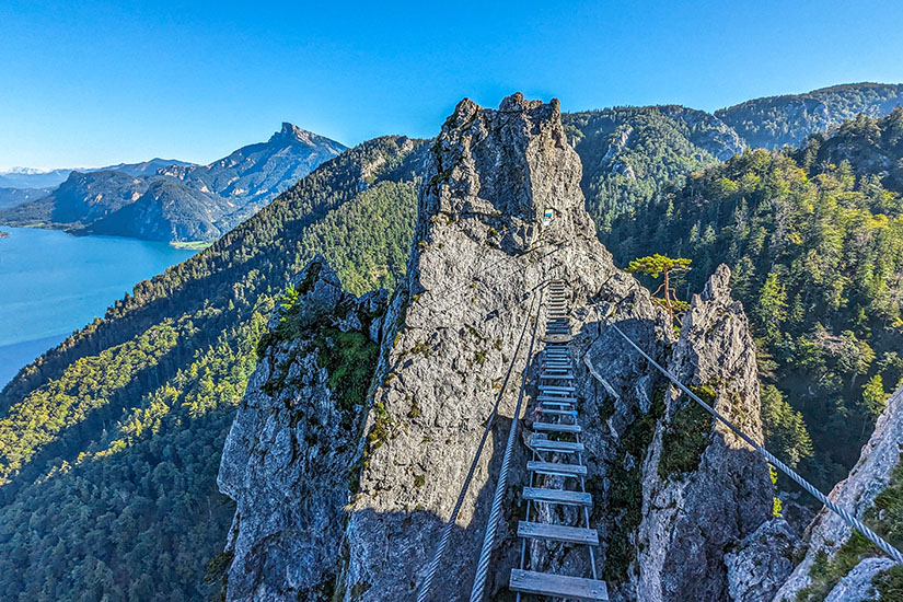Ein schmaler Steig mit Holztritten und Drahtseilen führt über einen schroffen Felsgrat und wirkt wie ein gesicherter Klettersteig. Im Hintergrund erstrecken sich bewaldete Berge und ein großer See unter klarem Himmel. Mondsee Drachenwand