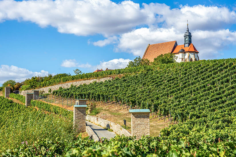 Eine kleine Kirche mit rotem Dach sitzt auf einem Weinberg. Eine Straße führt zu ihr hinauf. Kitzingen Unterfranken Volkach