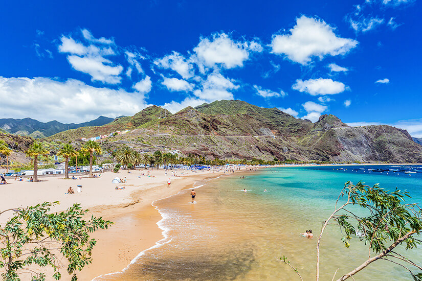 Ein breiter Sandstrand mit Palmen geht in türkisblaues, ruhiges Meer über, in dem einige Menschen baden oder schwimmen. Im Hintergrund erheben sich karge, grüne Berge unter einem leuchtend blauen Himmel mit vereinzelten weißen Wolken. Workation Kanarische Inseln