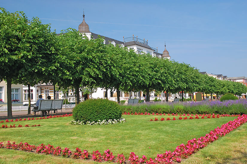 Eine gepflegte Grünanlage mit farbenfrohen Blumenbeeten erstreckt sich vor eleganten weißen Häusern. Dicht belaubte Baumreihen spenden Schatten entlang der Promenade und unterstreichen den mondänen Charakter des Seebads. Die sonnige Szenerie vermittelt Ruhe, Eleganz und sommerliche Leichtigkeit. Hundestrände Ostsee Ahlbeck