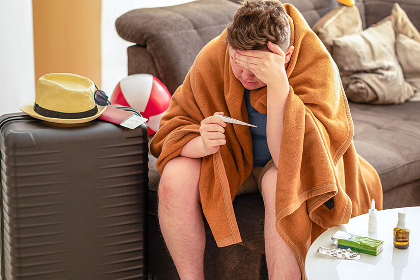 In eine orangefarbene Decke gehüllt sitzt ein sichtlich kranker Mann mit Fieberthermometer in der Hand auf dem Sofa und stützt seinen Kopf, während neben ihm ein gepackter Koffer mit Sonnenhut und Wasserball wartet. Reiseapotheke Fieber