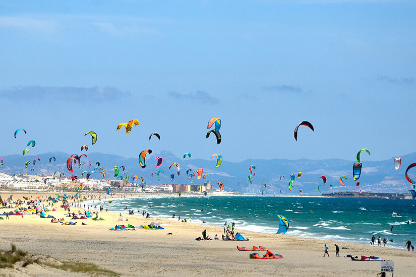 Mehrere Kitesurfer tummeln sich an einem Sandstrand am grünblauen Meer. Die Lenkdrachen zaubern bunte Farbtupfer in den Himmel. Kitesurfing Tarifa
