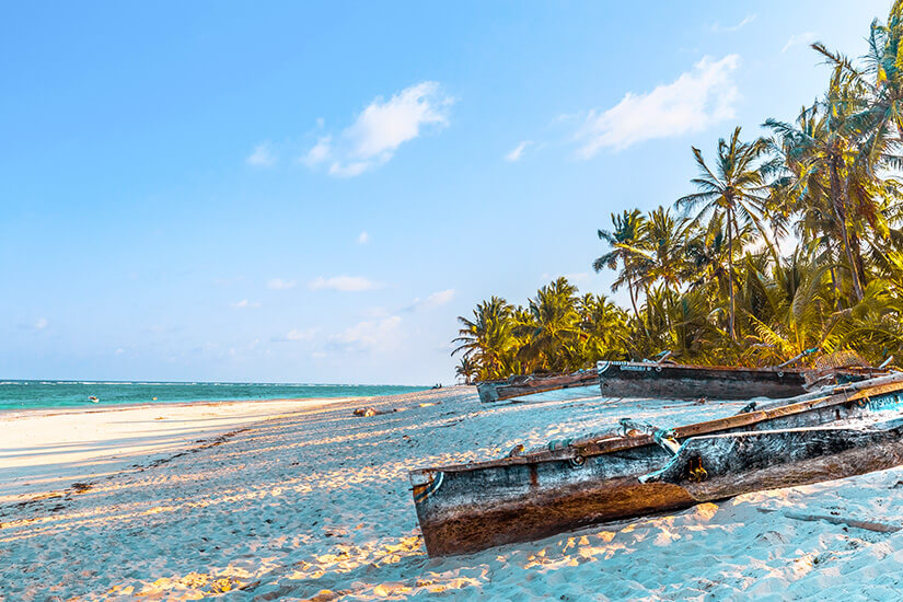 Ein breiter, feinsandiger Strand in Kenia mit mehreren traditionellen Holzbooten (Daus), die im sandigen Uferbereich liegen. Auf der rechten Seite erstreckt sich ein dichter Palmenhain mit hohen Kokospalmen entlang der Küste. Das seichte, türkisblaue Wasser des Indischen Ozeans trifft auf den hellen Strand unter einem strahlend blauen Himmel mit vereinzelten, leichten Wölkchen. All Inclusive Urlaubsziele Kenia