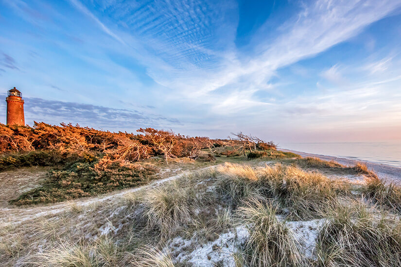 Eine Küstenlandschaft auf Fischland-Darß-Zingst im Abendlicht. Im Vordergrund prägen helle Dünen mit Dünengras das Ufer, das direkt an die Ostsee grenzt. Auf der linken Seite steht der rote Leuchtturm Darßer Ort, umgeben von windgeprägten Bäumen und Gebüsch, während der Himmel in sanften Blau- und Rosatönen erstrahlt. Urlaub mit Hund Geheimtipps Fischland Darß Zingst