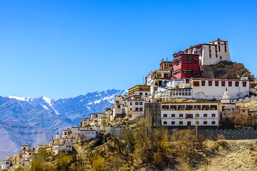 Zu erkennen ist eine große buddhistische Klosteranlage, die sich terrassenförmig an einen felsigen Berghang schmiegt. Im Hintergrund erhebt sich eine eindrucksvolle, teilweise schneebedeckte Hochgebirgslandschaft unter einem klaren blauen Himmel. exotische urlaubsziele indien