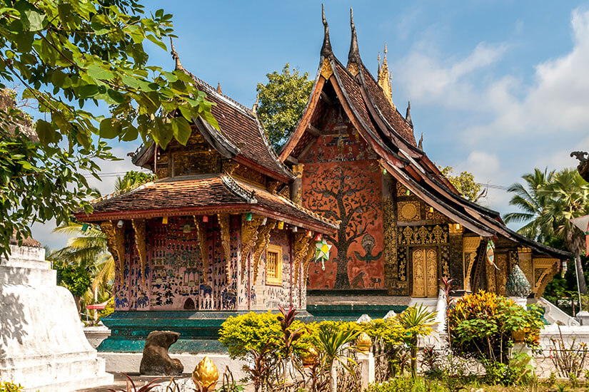 Zu erkennen ist ein reich verzierter buddhistischer Tempel mit geschwungenen, mehrstufigen Dächern und kunstvoll bemalten Fassaden. Üppige tropische Pflanzen, Palmen und kleinere religiöse Bauwerke umgeben die Tempelanlage. seltene urlaubsziele laos