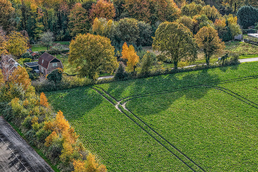 Herbstliche Luftaufnahme der Landschaft rund um Emmen mit saftig grünen Feldern, bunt gefärbten Bäumen und einem traditionellen Bauernhaus. Die typische Szenerie der Provinz Drenthe zeigt sich hier von ihrer malerischsten Seite. Feldwege durchziehen die weite Ebene. Emmen Niederlande Landschaft