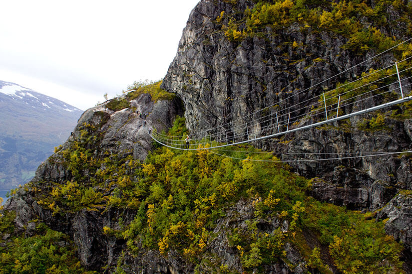 Zu erkennen ist eine schmale Hängebrücke, die an einer steilen Felswand entlangführt und Teil eines Klettersteigs ist. Die schroffe Berglandschaft ist von dichter grüner und gelblicher Vegetation umgeben. Norwegen Klettersteig