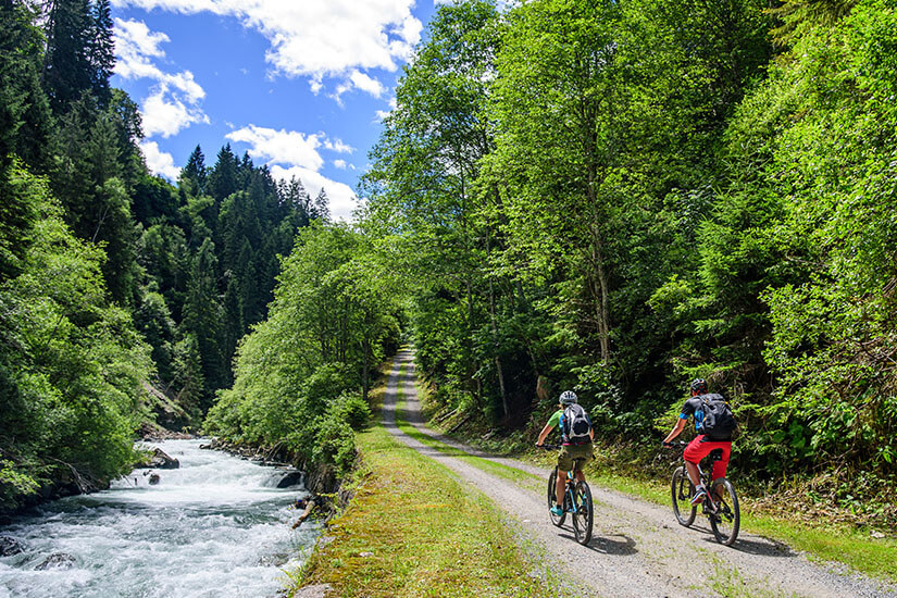 Zwei Mountainbiker mit Helmen und Rucksäcken fahren nebeneinander einen Schotterweg entlang, der sich durch dichtes Frühlingsgrün zieht. Bischofshofen Bike