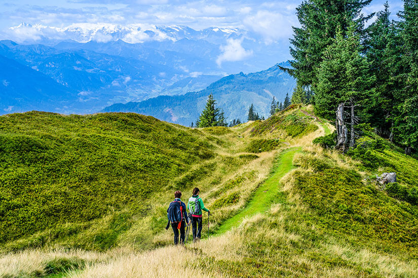 Zwei Wanderer mit Rucksäcken und Stöcken folgen einem schmalen Grasweg über einen sanft gewellten Bergrücken, der von Heidekraut und trockenen Gräsern bewachsen ist. Bischofshofen Wandern