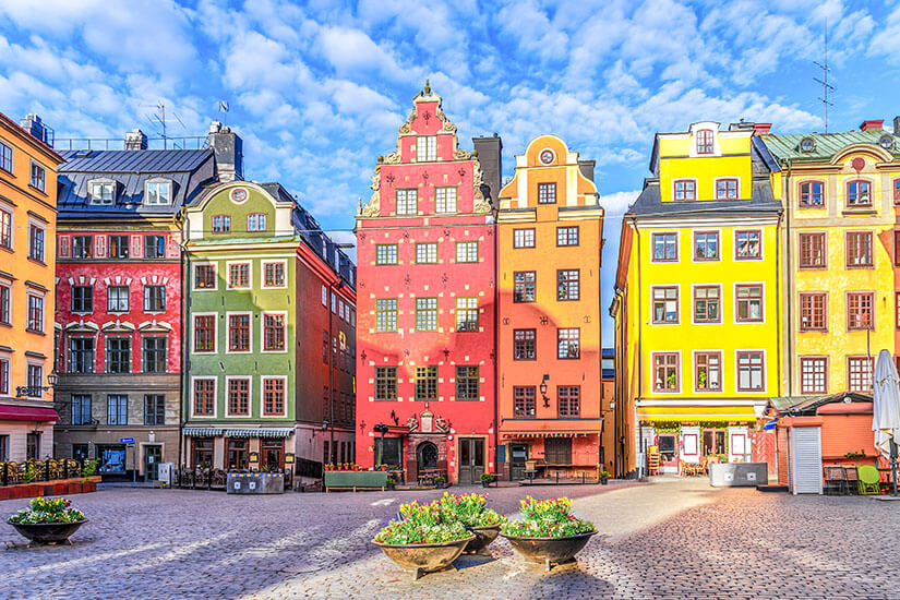 Bunte, historische Giebelhäuser in Rot, Gelb und Grün säumen den gepflasterten Stortorget-Platz in der Altstadt Gamla Stan in Stockholm. Im Vordergrund stehen große Pflanzschalen mit brenneden Blumen unter einem leicht bewölkten, blauen Sommerhimmel. Stockholm Sehenswuerdigkeiten Gamla Stan
