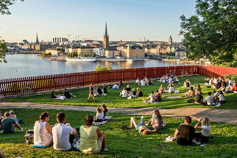 Zahlreiche Menschen sitzen und entspannen auf einer grünen Rasenfläche auf dem Aussichtspunkt Skinnarviksberget im Stadtteil Södermalm in Stockholm. Hinter einem roten Holzzaun eröffnet sich ein weiter Panoramablick auf das Wasser und die Skyline der Insel Riddarholmen mit ihren historischen Kirchtürmen und Gebäuden im warmen Sonnenlicht. Stockholm Sehenswuerdigkeiten Soedermalm