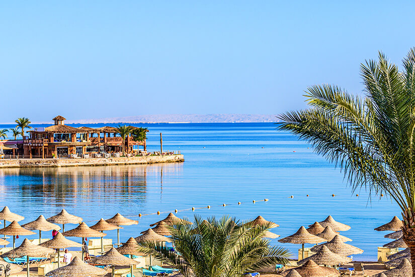 Ein Blick von einem Strand in Hurghada auf das Rote Meer. Sonnenschirme aus Stroh sind zu sehen sowie eine Palme. All Inclusive unter 1000 Euro Hurghada