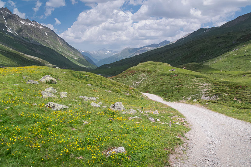 Zu erkennen ist ein Wanderweg, der durch eine weitläufige grüne Alpenlandschaft mit blühenden Bergwiesen führt. Steile Berghänge und entfernte Gipfel umrahmen das Tal unter einem wolkenreichen Himmel. Ischgl Wandern