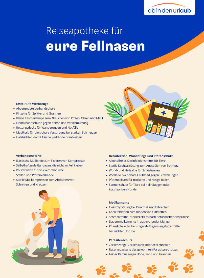 Infografik von ab in den urlaub mit der Überschrift „Reiseapotheke für eure Fellnasen“. Sie gliedert die wichtigsten Utensilien in Kategorien wie Erste-Hilfe-Werkzeuge, Verbandsmaterial, Desinfektion, Wundpflege und Pfotenschutz, Medikamente sowie Parasitenschutz. Illustriert ist die Übersicht mit Zeichnungen von einer Reiseapotheke und einem Mann, der seinen Hund begrüßt. Reiseapotheke Hunde Checkliste