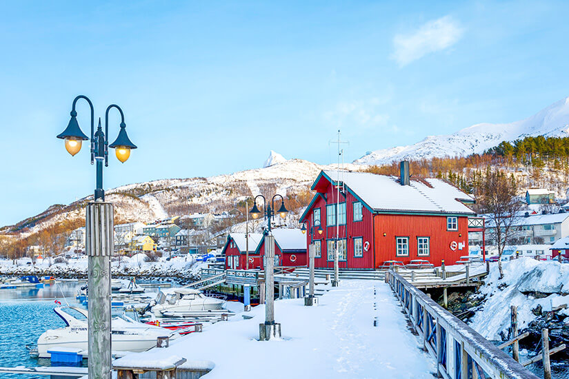 Ein schneebedeckter Holzsteg führt im Vordergrund zu roten Holzhäusern am Hafen von Narvik. Im klaren blauen Wasser liegen kleine Boote, während im Hintergrund verschneite Berge und das Skigebiet Narvikfjellet unter einem hellen Himmel aufragen. Skigebiete Norwegen Narvikfjellet